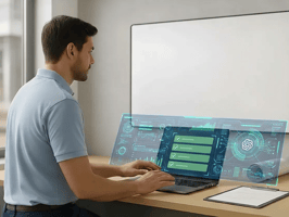 Man at a desk interacting with a futuristic digital interface displaying task lists