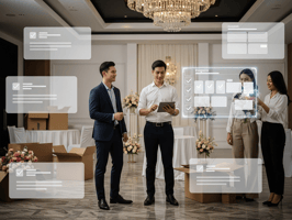 Event planning team discussing logistics with digital task overlays, showcasing TaskTag's collaborative interface