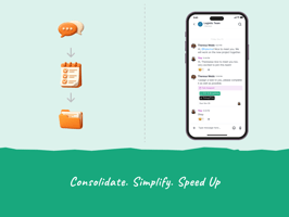 Illustration of chat, task, and file icons combining into a single mobile workspace on TaskTag with the message: Consolidate. Simplify. Speed Up.