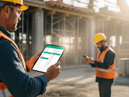 Construction worker using TaskTag app on tablet to manage jobsite updates in real time