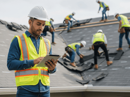 A roofing project manager in a safety vest and hard hat uses a tablet to coordinate a team of roofers working on a residential project.