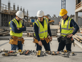 Construction workers in safety vests and hard hats reviewing tools and plans at a jobsite.
