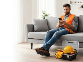 Construction subcontractor checking job updates on phone with tools nearby