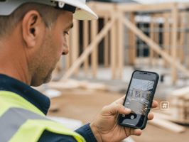 Construction worker using a mobile app to document jobsite progress with photos
