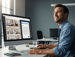 Construction project manager using site documentation software on desktop computer in office