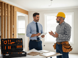 Contractor and project manager discussing change orders on-site with a tablet during a home renovation