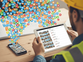 Worker using TaskTag on a tablet to organize tasks while overwhelmed by a cloud of digital notifications and icons