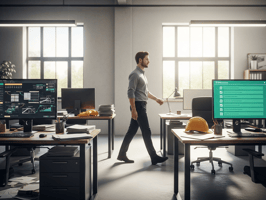 Man walking through a modern office with construction elements like a hard hat on the desk and multiple monitors displaying task data; graphic showing 'Knowledge' with a screwdriver and 'Execution' with a hammer, captioned 'Notion is for storing. TaskTag is for doing.'; one office image labeled with an orange 'FEATURED' tag.