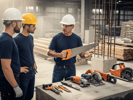 Construction workers discussing power tools at a jobsite table with saws, drills, and safety gear displayed