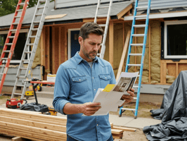 Designed for both accessibility and SEO — includes context (contractor), setting (residential jobsite), and relevant elements (plans, tools).