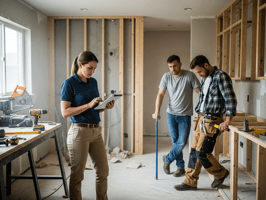 Construction team reviewing project updates on a tablet during interior build