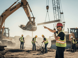 Construction workers operating on-site with heavy equipment and safety gear
