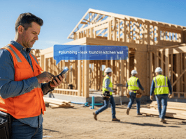 Construction site with workers in safety vests and hard hats; person in foreground using a tablet in front of a partially framed wooden building; one image labeled with an orange 'FEATURED' tag.