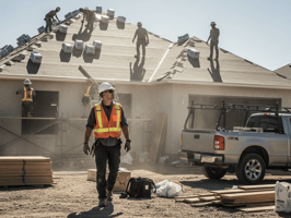 Roofing project manager reviewing a daily schedule and checklist on a tablet at a jobsite.