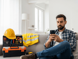 Man using smartphone while sitting on couch with construction gear and tools in the background.