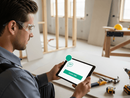 Construction worker using a tablet on-site to view a task or checklist; mobile app interface showing messaging and updates; one image marked with a 'FEATURED' label