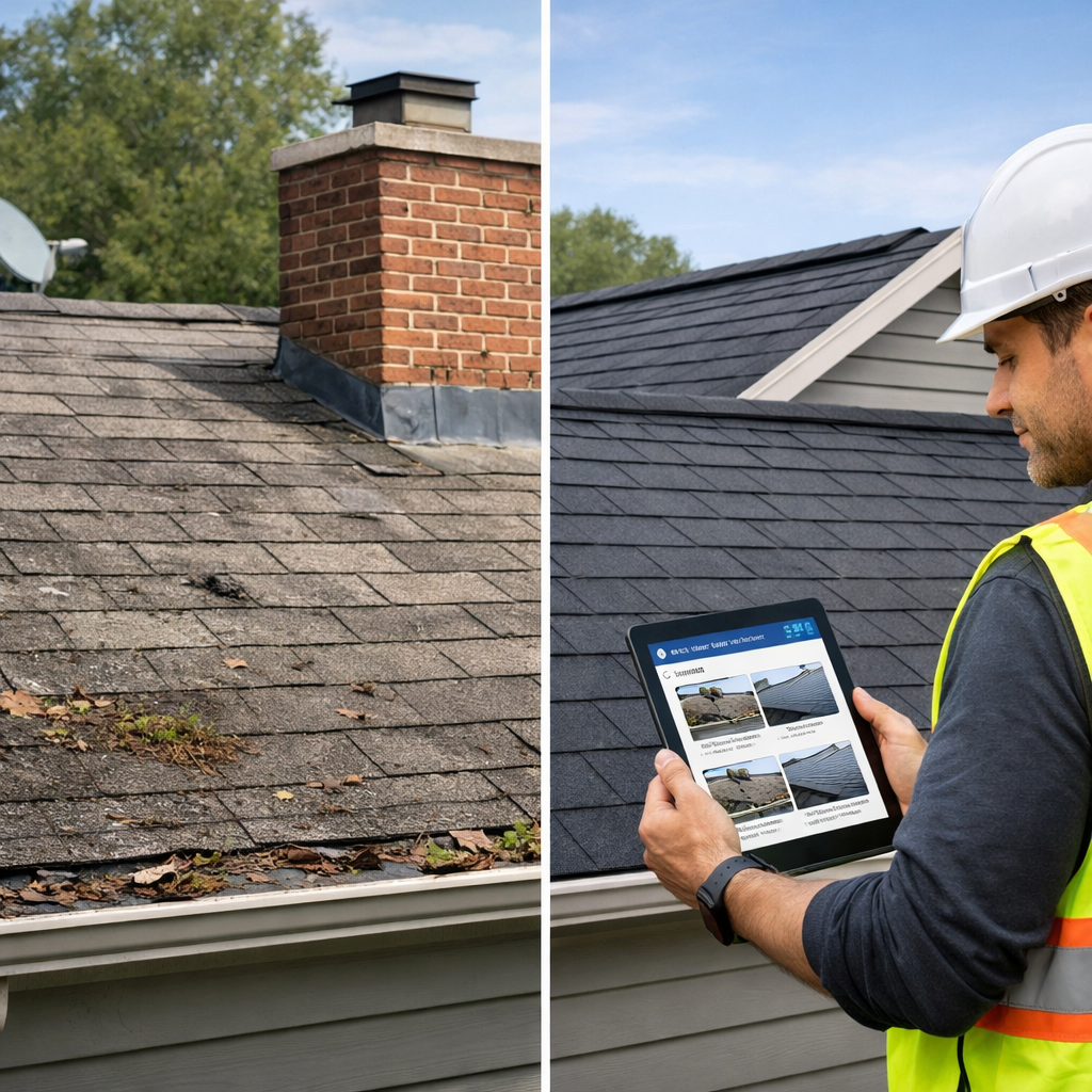 Create a photorealistic modern splitscreen hero image showing a roof replacement before and after Left side an older residential roof with visible wea