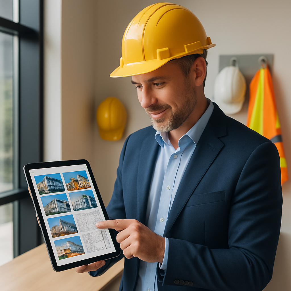 In a sleek modern office setting a construction contractor confidently reviews a digital portfolio on a tablet showcasing a grid of vibrant project ph