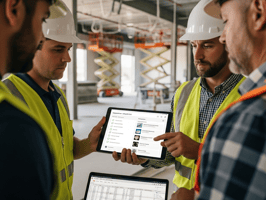 Four images showing people using digital tools: construction workers viewing a tablet on-site with 'FEATURED' label; two men collaborating over printed materials and a tablet; a close-up of a smartphone displaying a progress dashboard; and a person browsing project updates on a mobile device in an office setting.