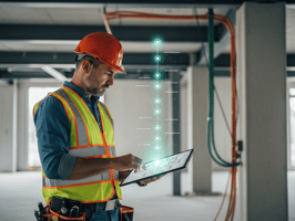 Construction manager reviewing digital activity log on-site using TaskTag project tracking tools