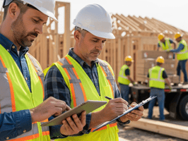 Construction professionals wearing safety vests and hard hats reviewing submittal documents on a clipboard and tablet at a framing jobsite, representing field approval workflows.