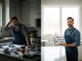 Two construction professionals reviewing a change order on a tablet in a modern kitchen, representing digital approval and documentation of jobsite changes.