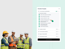 Collage of construction and software interface visuals: – Group of construction workers in safety gear next to a project checklist labeled 'FEATURED' – Series of three screenshots showing a dark-themed task management or project planning interface with dropdown menus and user options – Construction worker on-site using a digital tablet in front of a partially built house