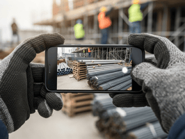 Worker taking delivery photo of rebar at construction site using smartphone