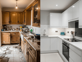 Side-by-side before and after images of a kitchen renovation, showing a transformation from a dated, cluttered space to a clean, modern design — representing construction progress tracking with TaskTag.