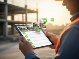 Builder using a tablet to complete a pre-job checklist with site photos and green checkmarks on a construction site