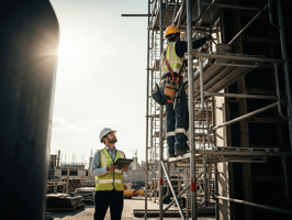 Construction workers conducting a safety inspection on scaffolding with a foreman documenting the process using a tablet, representing digital safety tracking on-site.