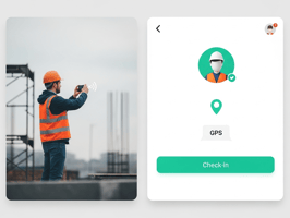 Construction worker taking a jobsite photo alongside a digital GPS check-in screen, representing location-verified time tracking and crew check-ins using TaskTag.