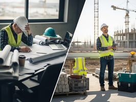 Construction workers and project managers reviewing documents on-site, with digital file sharing tools displayed, representing streamlined vendor coordination using TaskTag.