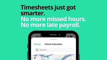 Mobile app ad for smart timesheets with text promoting fewer missed hours and no late payroll, featured image