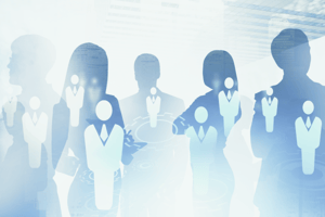 Illustration of a contact group creation interface with silhouettes of business professionals, featured image