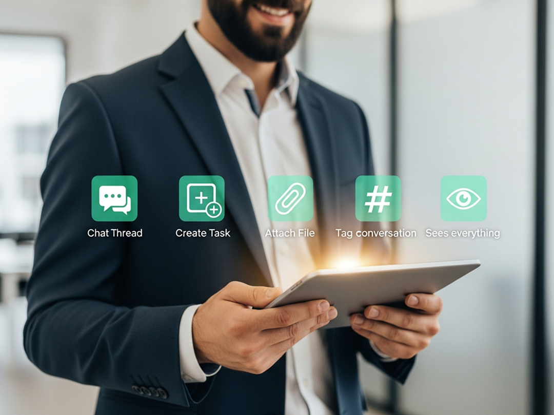 Business professional holding a tablet with glowing project management icons; infographic showing 80% faster onboarding, 50% fewer client emails, and 5x efficiency; comparison chart titled 'The Project Management Showdown' highlighting TaskTag vs competitors; one image marked with a 'FEATURED' label.