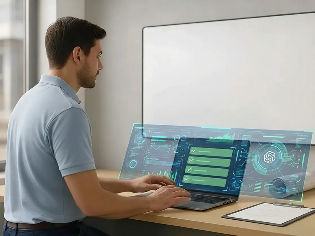 Man at a desk interacting with a futuristic digital interface displaying task lists