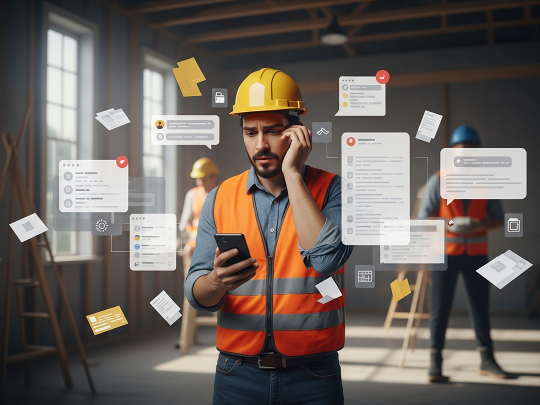 Construction manager using TaskTag on a smartphone with digital checklists and project tasks floating around