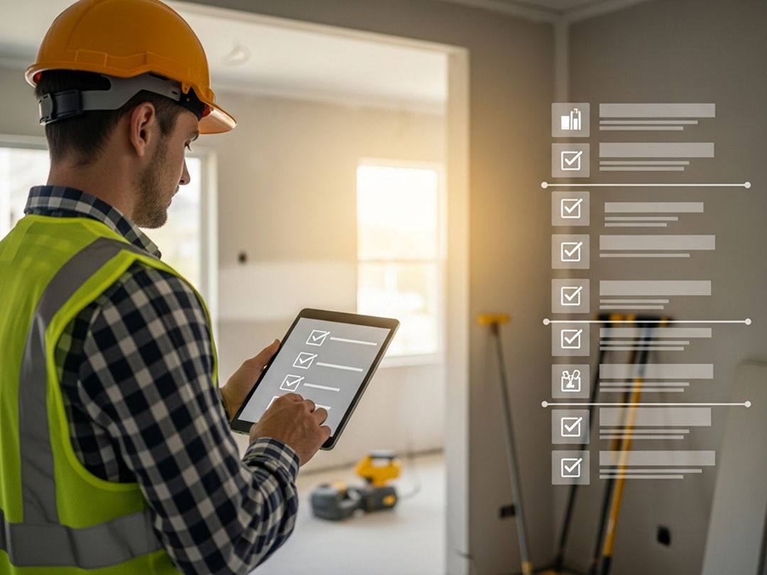 Construction worker using a tablet to track project tasks on-site, with task checklist visible in the background.  This description covers:  The subject (construction worker) The action (using a tablet) The context (project tracking, task list) SEO relevance (construction, tasks, project tracking)