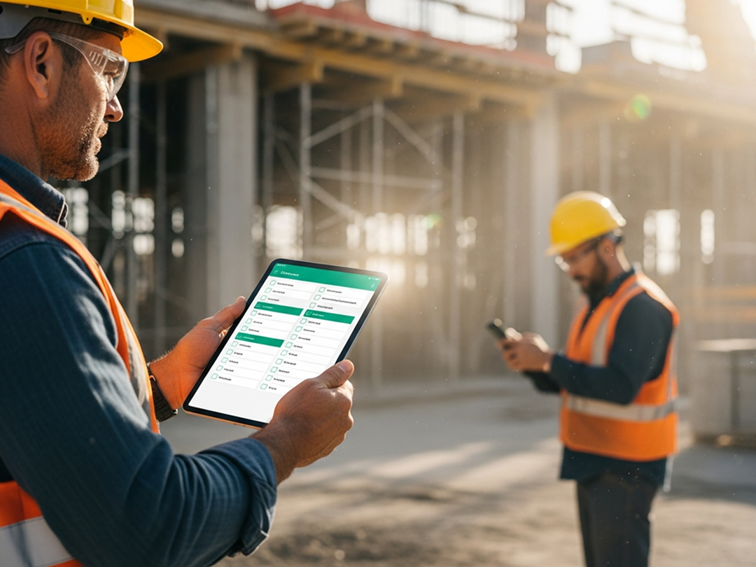 Construction worker using TaskTag app on tablet to manage jobsite updates in real time