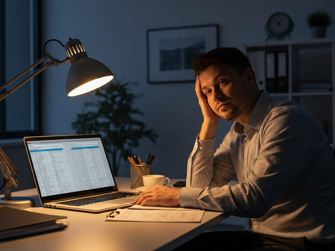 Frustrated user struggling with an inefficient task management tool while working late