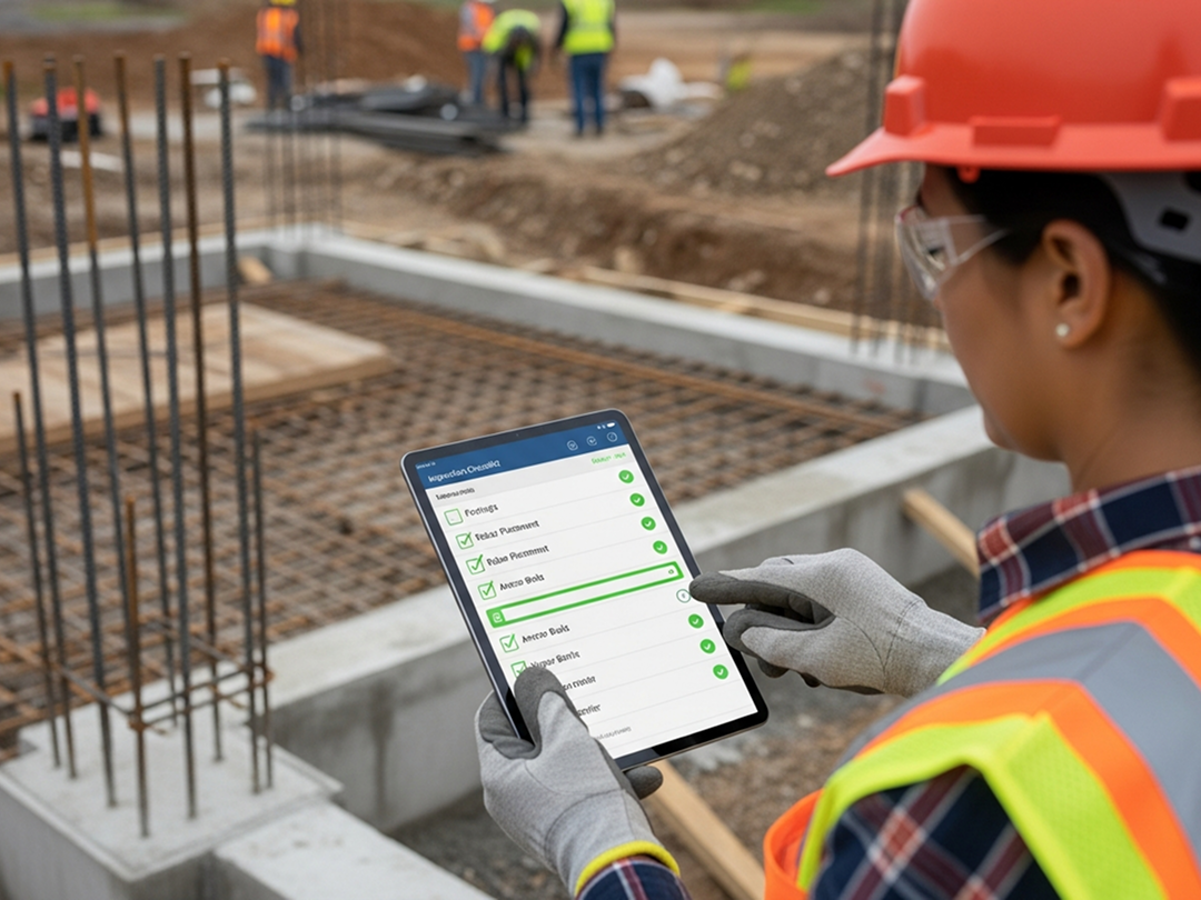 Field inspector using a tablet to complete a digital inspection checklist at a construction site
