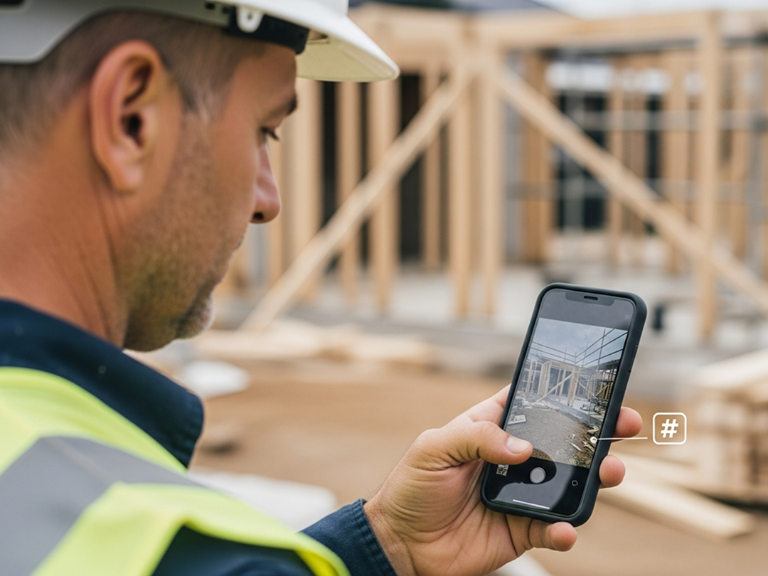 Construction worker using a mobile app to document jobsite progress with photos