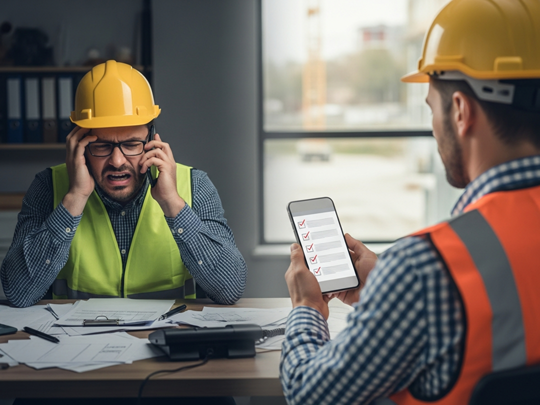Two construction team members using mobile project management tools to coordinate field tasks in real time.