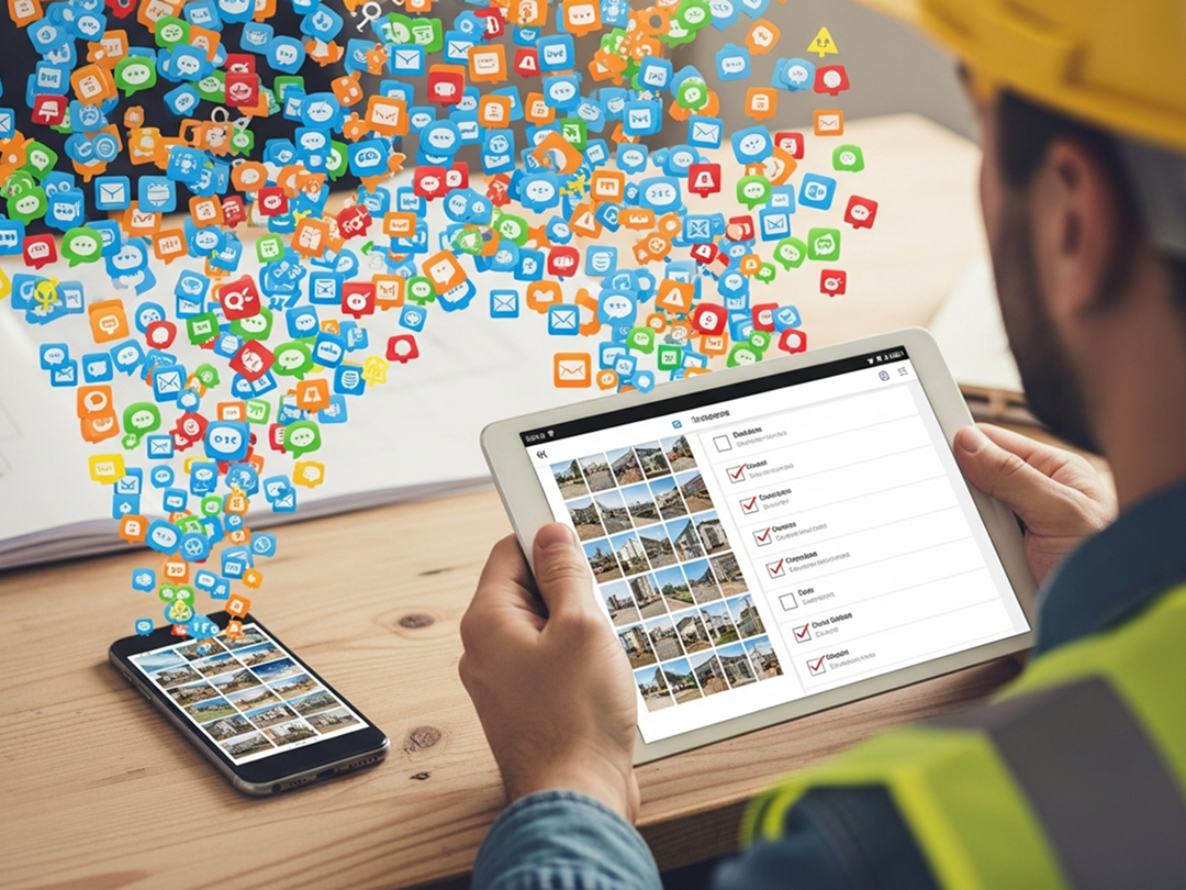 Worker using TaskTag on a tablet to organize tasks while overwhelmed by a cloud of digital notifications and icons
