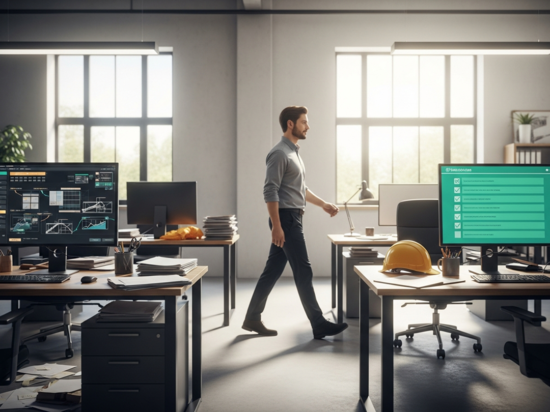 Man walking through a modern office with construction elements like a hard hat on the desk and multiple monitors displaying task data; graphic showing 'Knowledge' with a screwdriver and 'Execution' with a hammer, captioned 'Notion is for storing. TaskTag is for doing.'; one office image labeled with an orange 'FEATURED' tag.