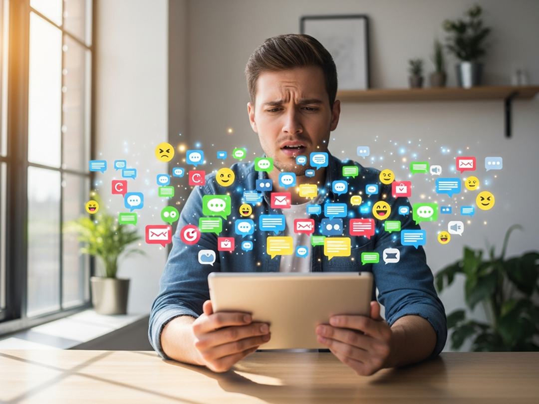 Frustrated professional overwhelmed by too many digital tools on a tablet