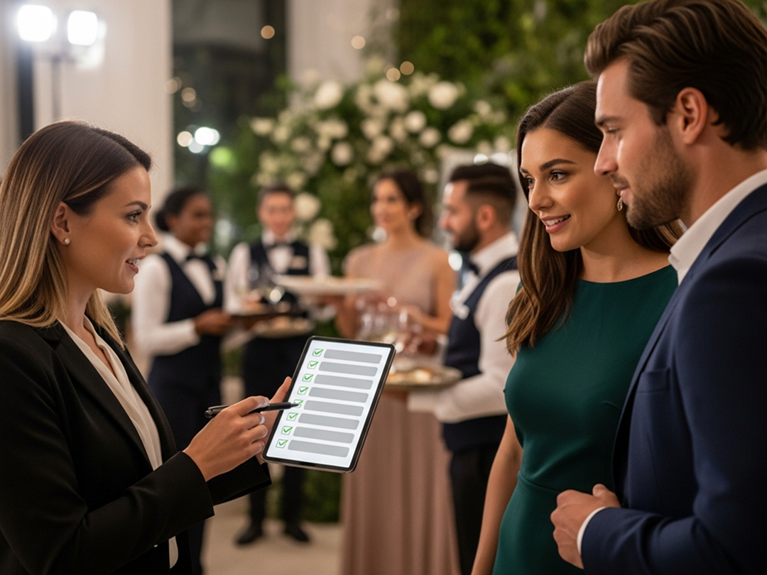 Event planner using a digital checklist on a tablet to coordinate staff and guests at a formal event