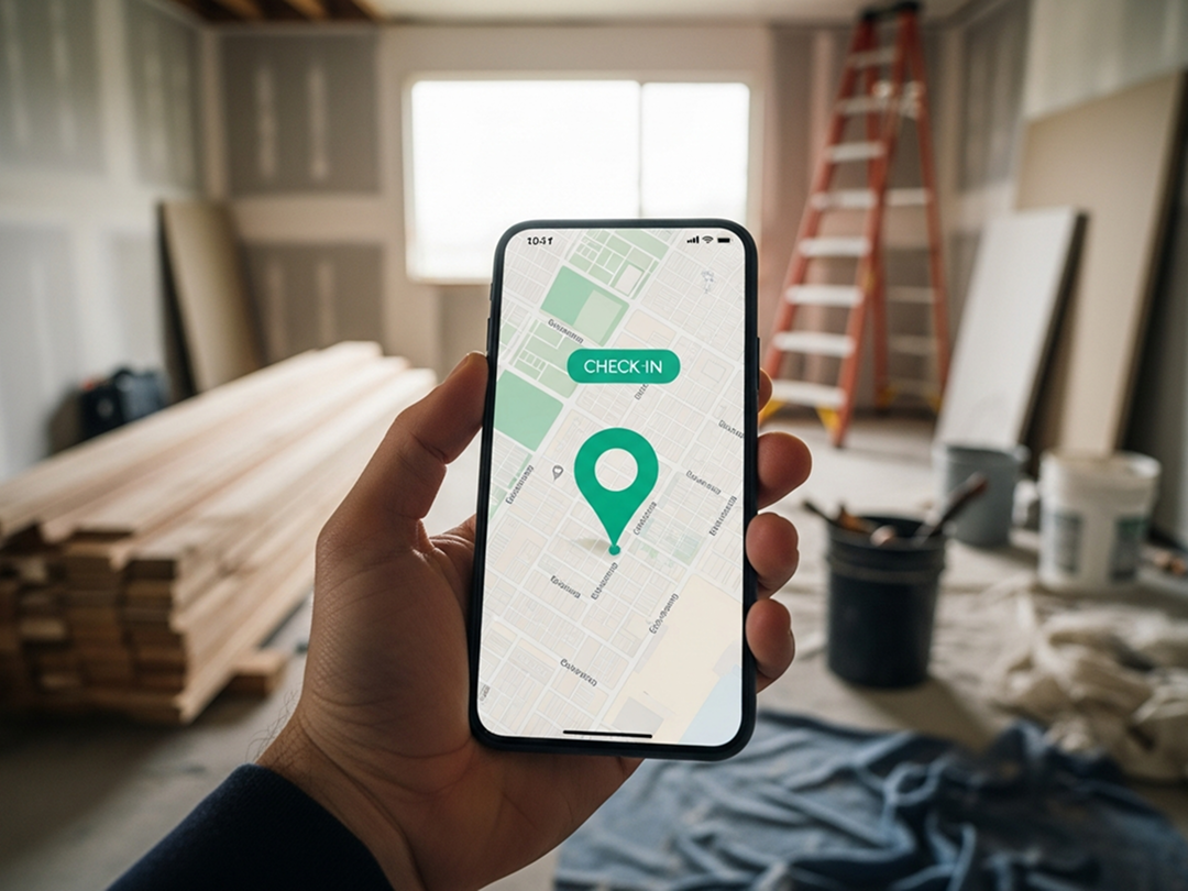 User checking in at a job site using TaskTag’s location-sharing feature on a smartphone