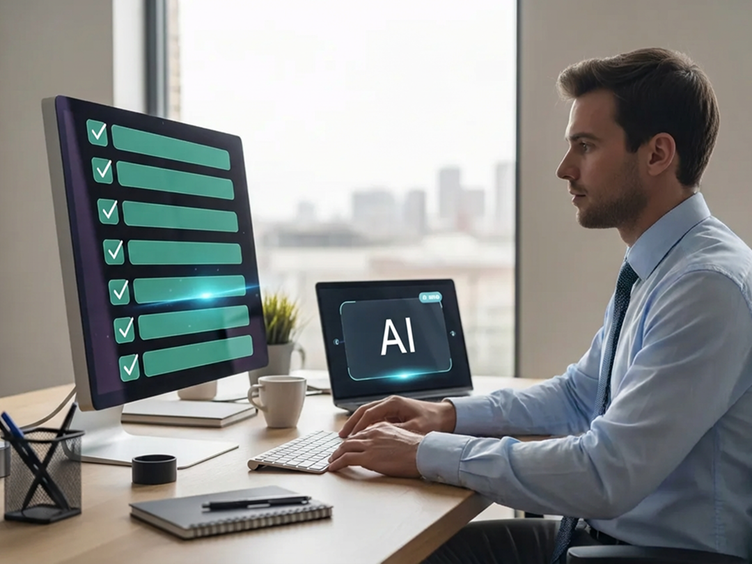 Man working at desk with multiple monitors displaying green interface and a screen showing 'AI'; office setting with city view in background. One image has a 'FEATURED' label.